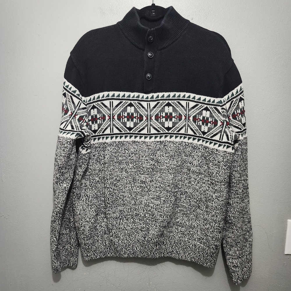 Chaps Men's Black and Gray Fairisle Sweater Size Large